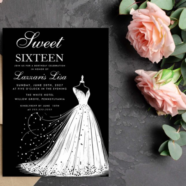 Elegant Dress Black Sweet sixteen 16 födelsedag Inbjudningar (Skapare uppladdad)