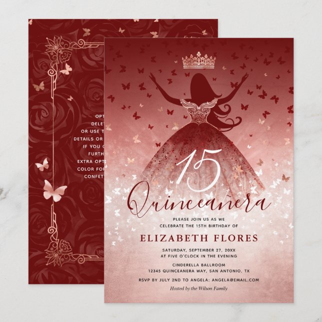 Elegant Dress Burgundy Ro Guld Rosa Quinceanera Inbjudningar (Fram/baksida)
