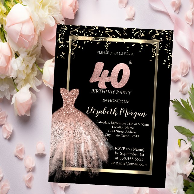 Elegant Dress,Konfetti Ro Guld 40:e födelsedagen Inbjudningar (Skapare uppladdad)