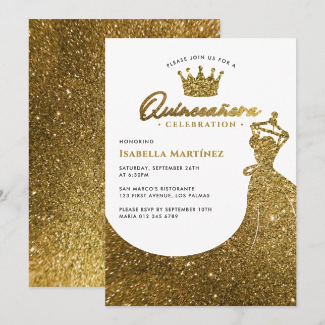 Elegant Dress & Krona Quinceañera Födelsedagsfest Inbjudningar (Fram/baksida)