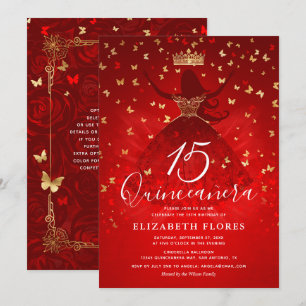 Elegant Dress Krona Red och Guld Quinceanera Inbjudningar