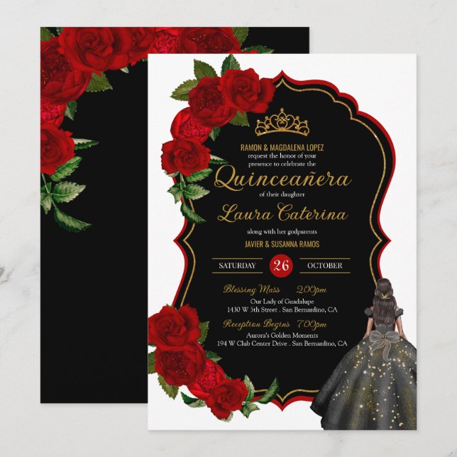 Elegant Dress Quinceanera Röd ros Black och Guld Inbjudningar (Fram/baksida)
