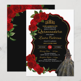Elegant Dress Quinceanera Röd ros Black och Guld Inbjudningar