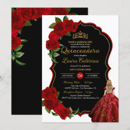 Elegant Dress Quinceanera Röd ros Black och Guld Inbjudningar