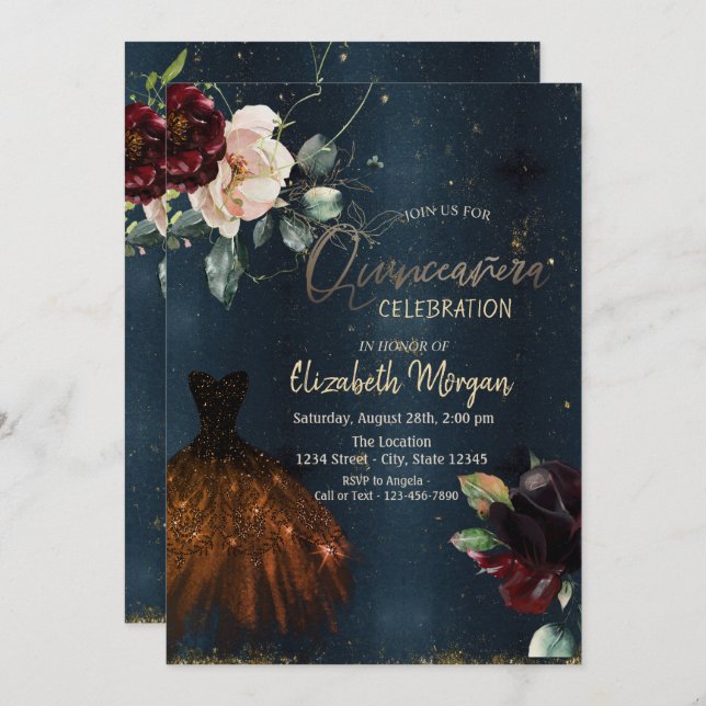 Elegant Dress,Ro Mörk blått Quinceañera Inbjudningar (Fram/baksida)