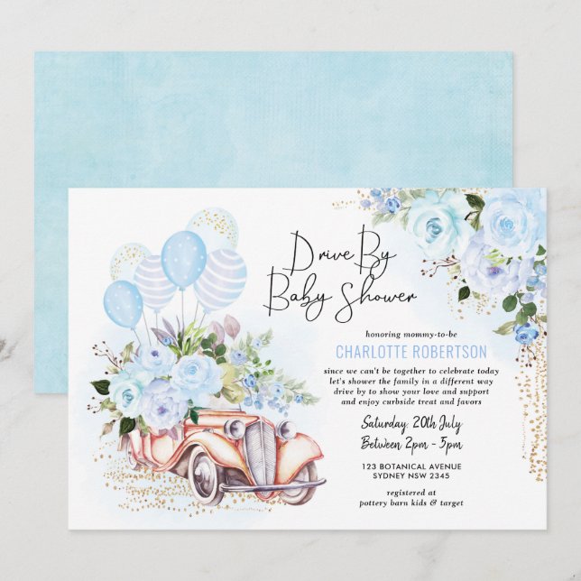Elegant Drive by Baby Shower Blue Guld Blommigt Bo Inbjudningar (Fram/baksida)