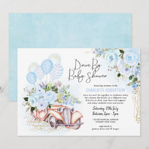 Elegant Drive by Baby Shower Blue Guld Blommigt Bo Inbjudningar