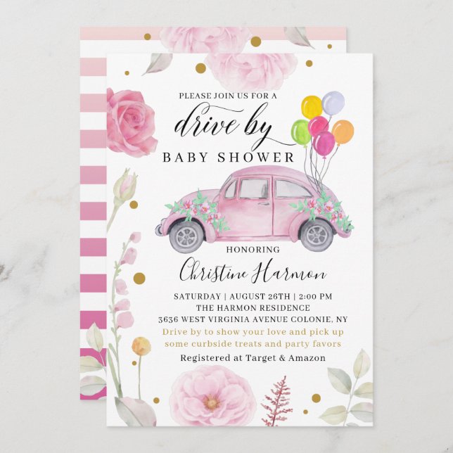 Elegant Drive by Baby Shower Parad Rosa Blommigt Inbjudningar (Fram/baksida)