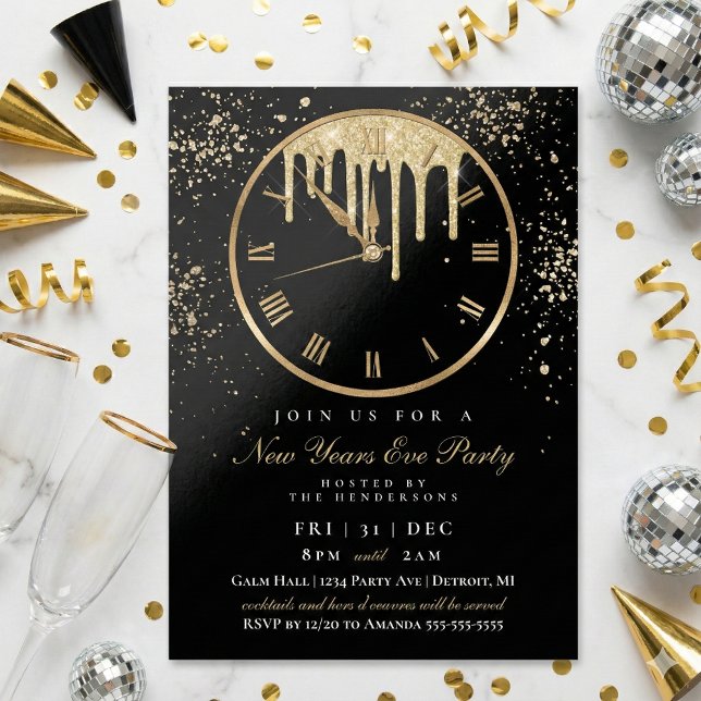 Elegant droppande klocka Nyårsafton fest inbjudan (Elegant and Modern New Years Eve Party Clock Invitation)