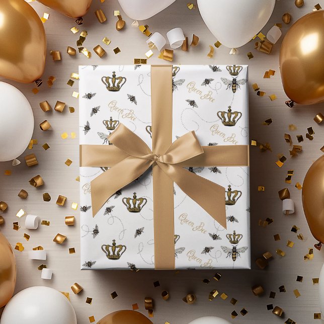 Elegant Drottning Bee Guld Kron Vit Presentpapper (Elegant White Queen Bee Pattern. Queen Bee, Gold Crown & Buzzing Bees Drawing. Queen Bee Typography)