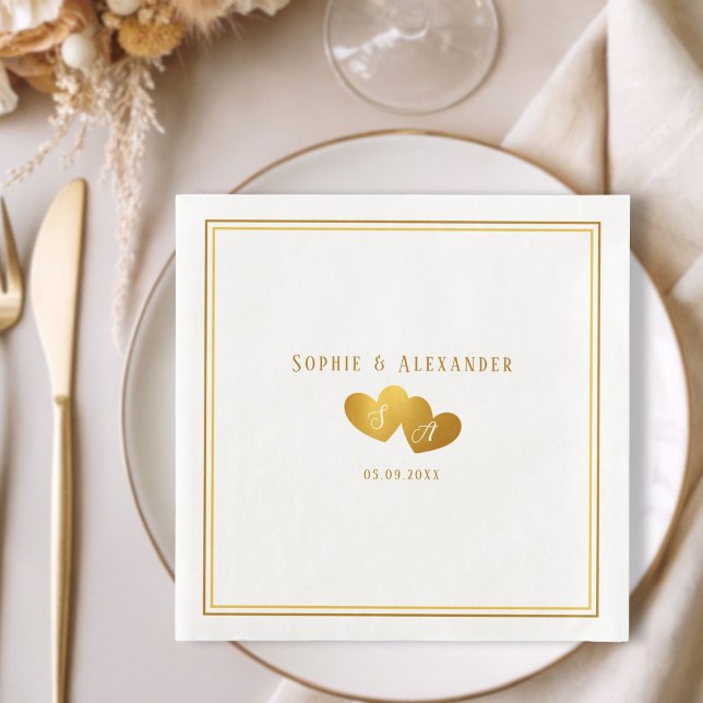 Elegant Dubbelhjärtade Initialer Bröllop Pappersservett (Elegant Double Heart Initials Wedding Paper Dinner Napkins)
