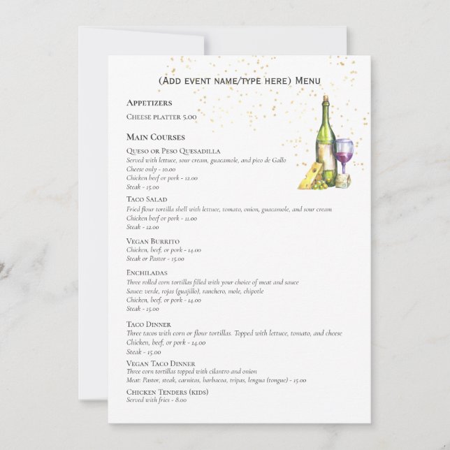 Elegant Dubbla Side MENU-mall Vin Ost Inbjudningar (Framsida)