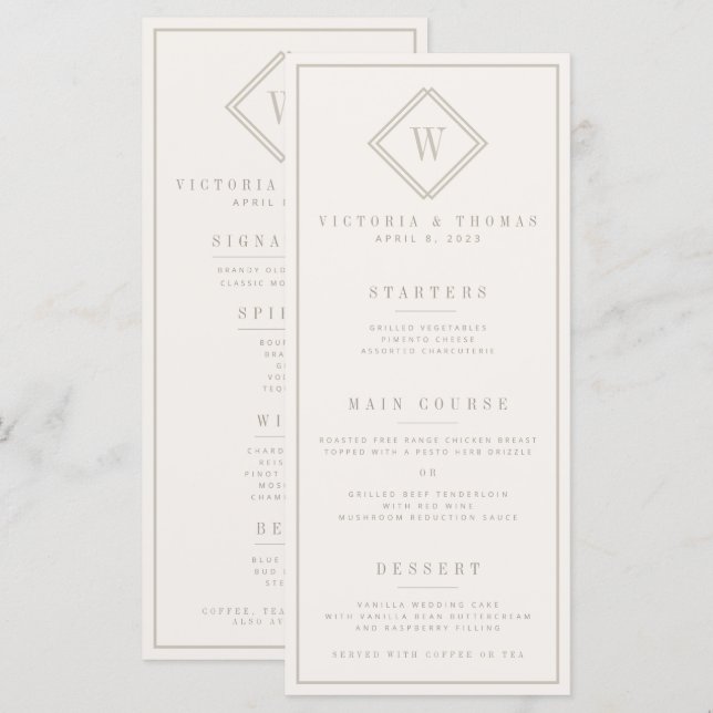 Elegant Dubbla Sided Beige Minimalist Bröllop Menu Meny (Fram/baksida)