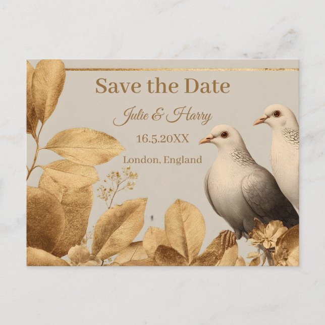 Elegant dupppar med guldblad Save the Date Vykort (Framsida)