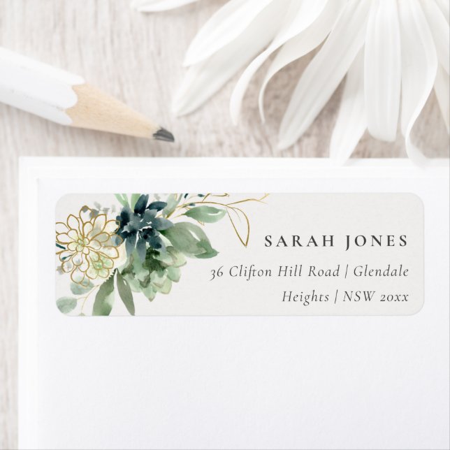 Elegant Dusky Blue Grönt Succulent Foliage Adress Returadress Etikett (Insitu)