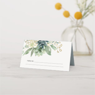 Elegant Dusky Blue Grönt Succulent Foliage Bröllop Placeringskort