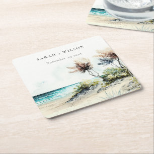 Elegant Dusky Coastal Handflatan Beach Sjölandskap Underlägg Papper Kvadrat