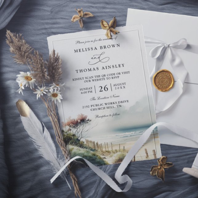 Elegant Dusky Coastal Sand Beach QR Code Wedding Inbjudningar (Skapare uppladdad)