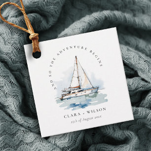 Elegant Dusky Sailboat Yacht Sjölandskap Bröllop Gåvor Etiketter