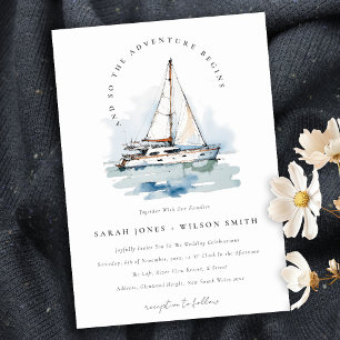 Elegant Dusky Sailboat Yacht Sjölandskap Bröllop Inbjudningar