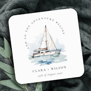 Elegant Dusky Sailboat Yacht Sjölandskap Bröllop Underlägg Papper Kvadrat