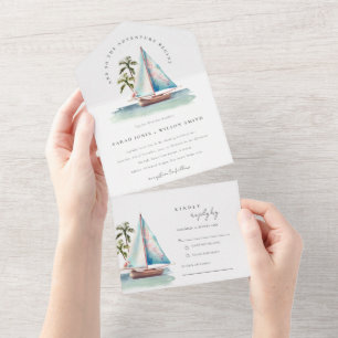 Elegant Dusky Teal Sailboat Handflatan Sjölandskap