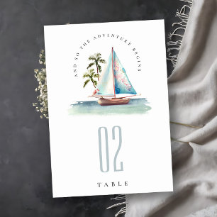Elegant Dusky Teal Sailboat Handflatan Sjölandskap Bordsnummer