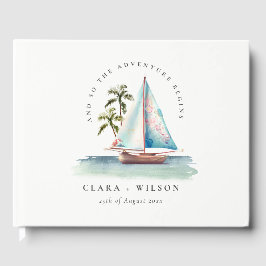 Elegant Dusky Teal Sailboat Handflatan Sjölandskap Gästböcker