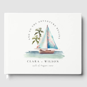 Elegant Dusky Teal Sailboat Handflatan Sjölandskap Gästböcker