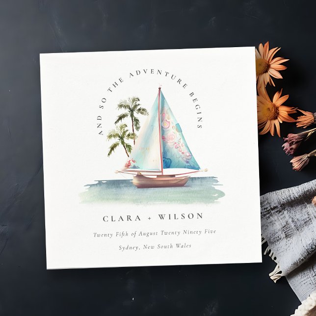 Elegant Dusky Teal Sailboat Handflatan Sjölandskap Pappersservett (Skapare uppladdad)