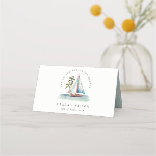 Elegant Dusky Teal Sailboat Handflatan Sjölandskap Placeringskort