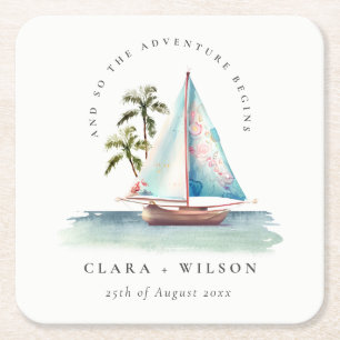 Elegant Dusky Teal Sailboat Handflatan Sjölandskap Underlägg Papper Kvadrat