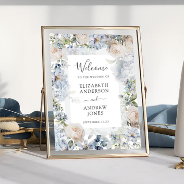 Elegant Dusty Blåa blommor Garden Wedding Välkomme Poster (Skapare uppladdad)