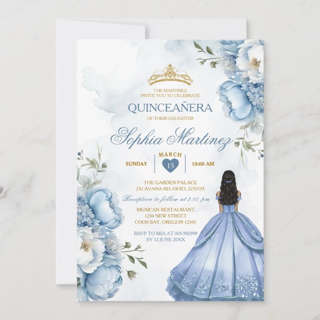 Elegant Dusty Blåa blommor Princess Quinceañera Inbjudningar (Framsida)