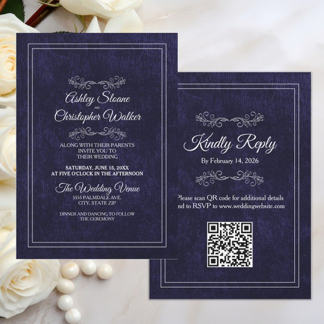 Elegant Dusty Black White QR code Wedding Inbjudningar (Black velvet and white text elegant wedding invitation and rsvp combination with your QR code)