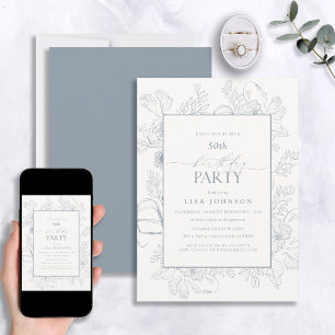 Elegant Dusty Blue 50th Birthday Blommigt Line Art Inbjudningar