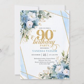 Elegant Dusty Blue 90th Birthday Floral Script Inbjudningar