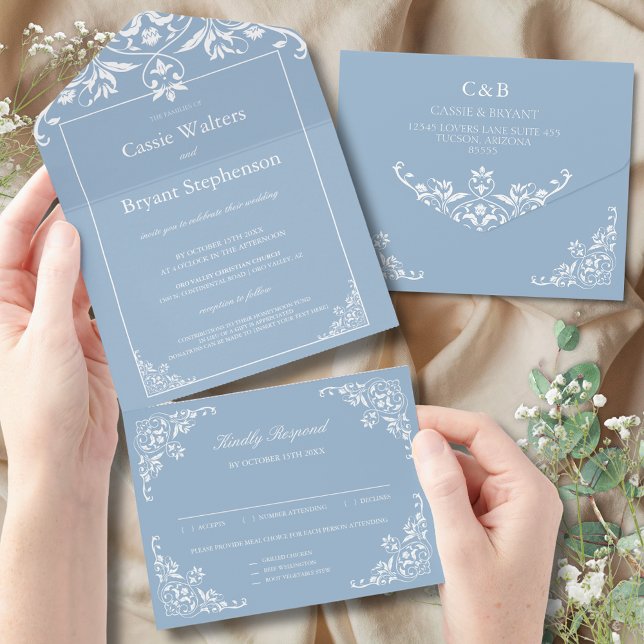 Elegant Dusty Blue allt på en Bröllop (elegant dusty blue and white simple minimal all in one wedding invitation with rsvp card attached)