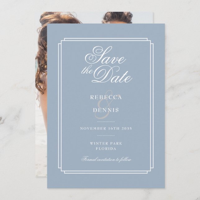 Elegant Dusty Blue Art Deco Photo Bröllop Spara Datumet (Fram/baksida)