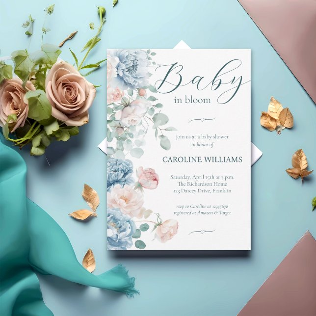 Elegant Dusty Blue Baby in Bloom Girl Baby Shower Inbjudningar (Skapare uppladdad)