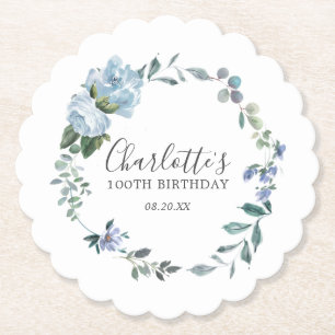 Elegant Dusty Blue Blommigt 100th Birthday Anpassn Underlägg Papper