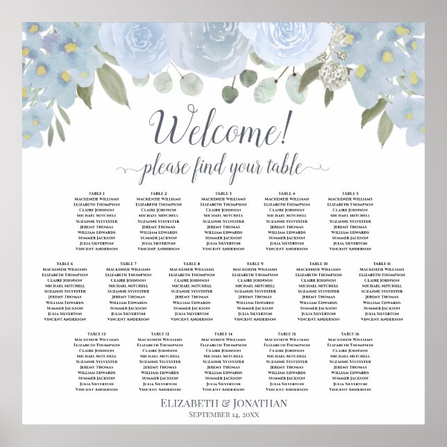 Elegant Dusty Blue Blommigt 16 Bord Sittplatsdiagr Poster (Framsidan)