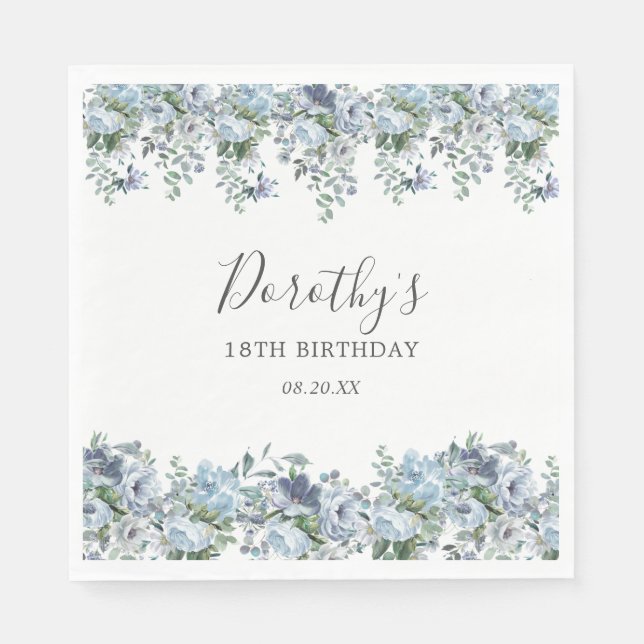 Elegant Dusty Blue-Blommigt 18:e födelsedagsdagen  Pappersservett (Framsidan)