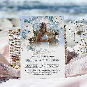Elegant Dusty Blue Blommigt Baby Shower Inbjudningar