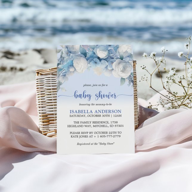 Elegant Dusty Blue Blommigt Baby Shower Inbjudningar (Elegant Dusty Blue Floral Baby Shower Invitation)
