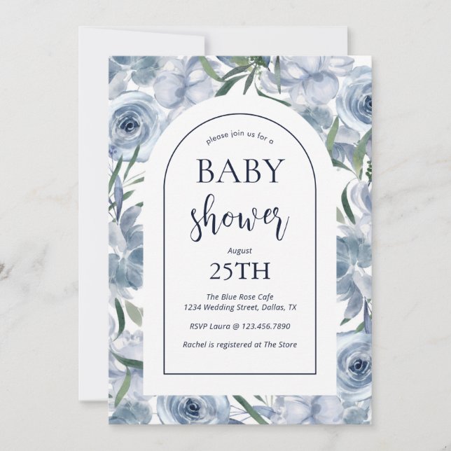 Elegant Dusty Blue Blommigt Baby Shower Inbjudningar (Framsida)