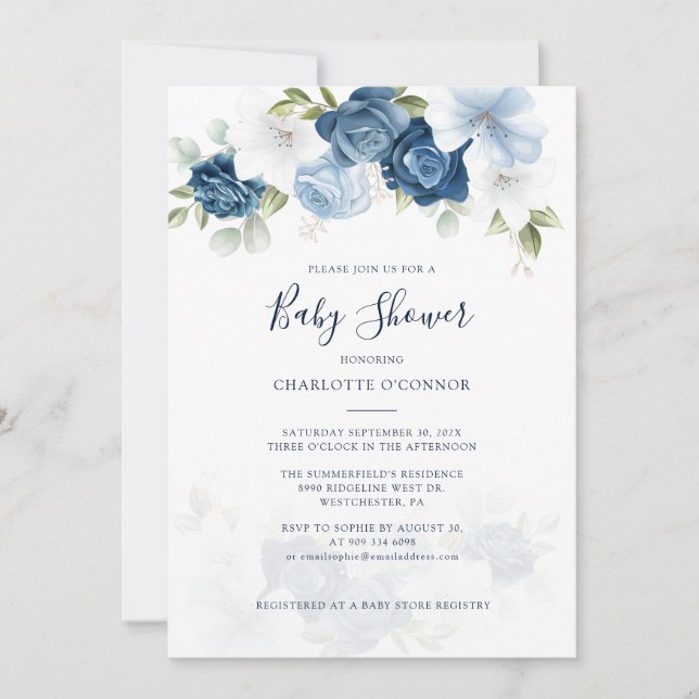 Elegant Dusty Blue Blommigt Baby Shower Inbjudningar (Framsida)