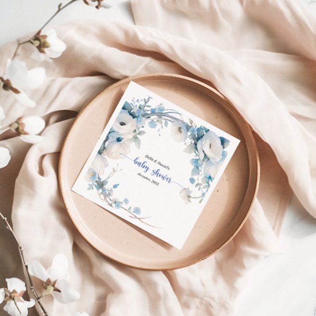 Elegant Dusty Blue Blommigt Baby Shower Pappersservett (Elegant Dusty Blue Floral Baby Shower Napkins)