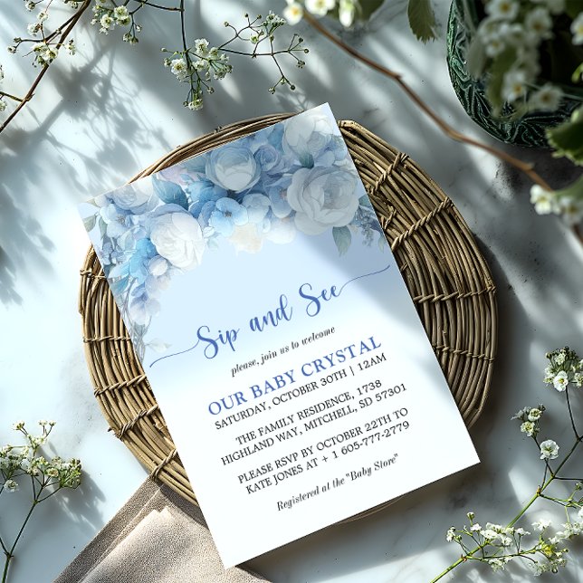 Elegant Dusty Blue Blommigt Baby Shower Sip and Se Inbjudningar (Elegant Dusty Blue Floral Baby Shower Sip and See Invitation)