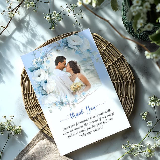 Elegant Dusty Blue Blommigt Baby Shower Tack Kort (Elegant Dusty Blue Floral Baby Shower Thank You Card)